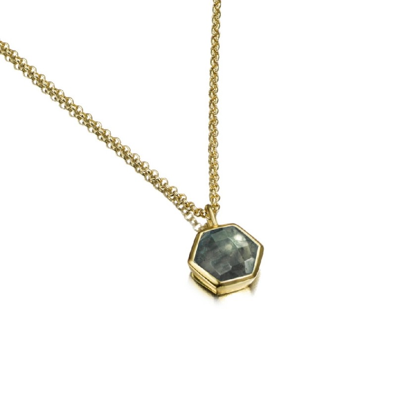 Hexagonal Moss Agate Pendant with 18k Gold Vermeil