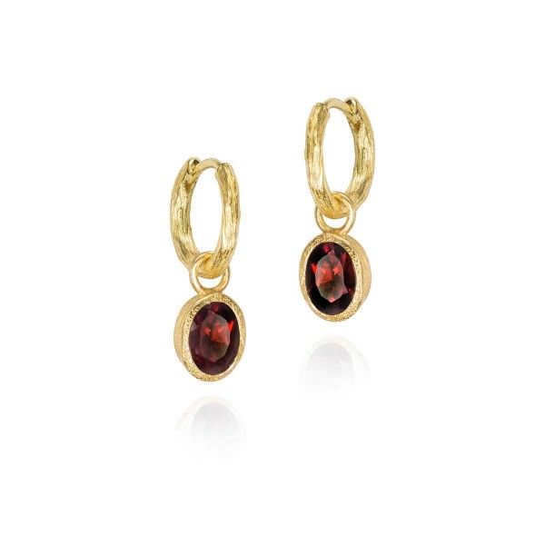 Pendientes de aro con granate de plata con baño de oro 18k