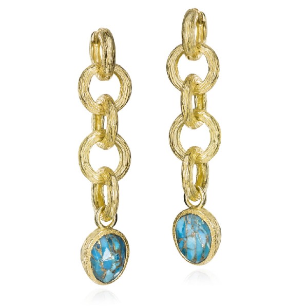 Pendientes extra largos con turquesa de plata con baño de oro 18k