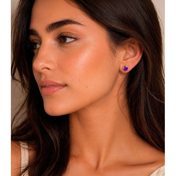 Pendientes de amatista hexagonal de plata con baño de oro 18k