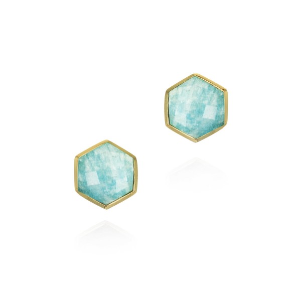 Pendientes mini de amazonita hexagonal de plata con baño de oro 18k