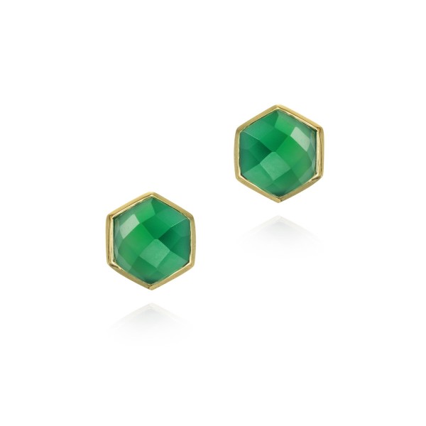 Pendientes midi de ónix verde hexagonal de plata con baño de oro 18k