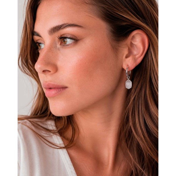 Pendientes de aro con cuarzo herkimer de plata de ley 925